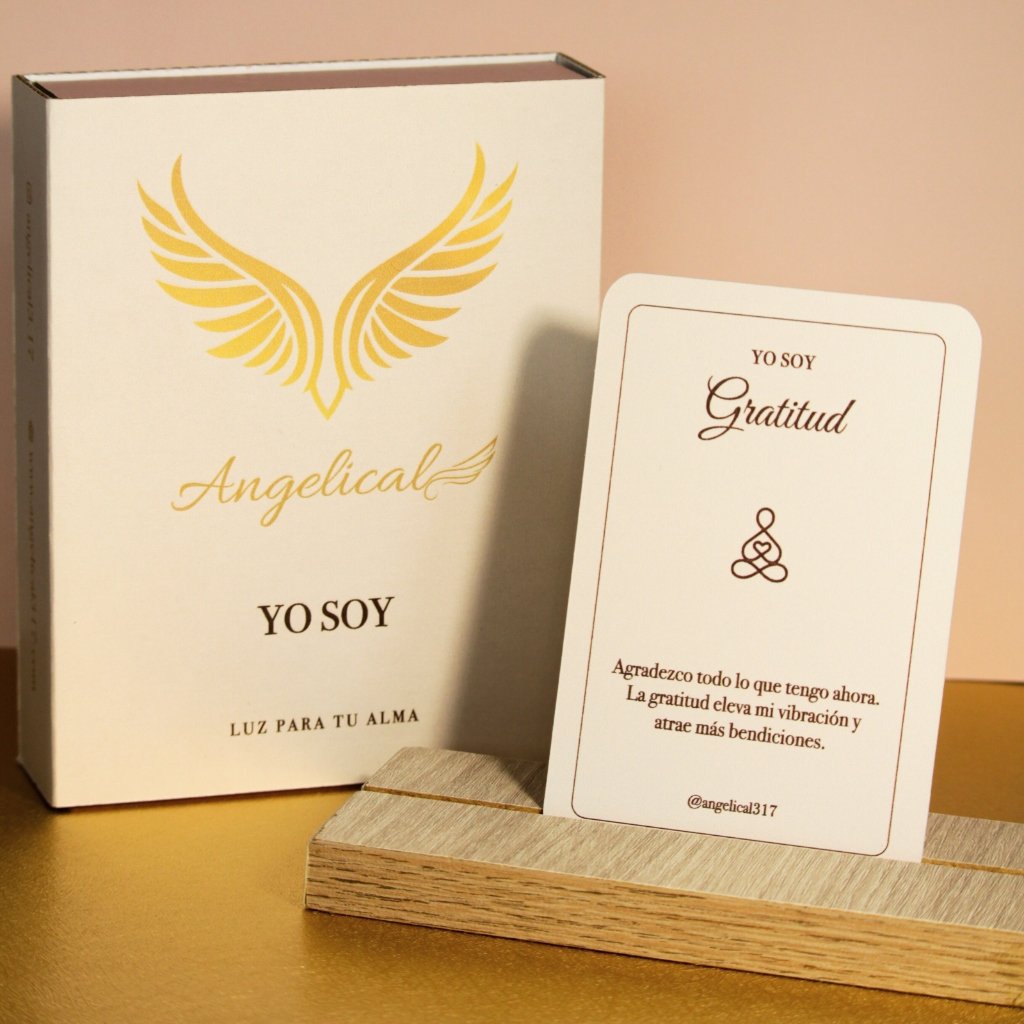 YO SOY - Set de 31 tarjetas de afirmaciones Angelical con tarjeta Gratitud en soporte de madera