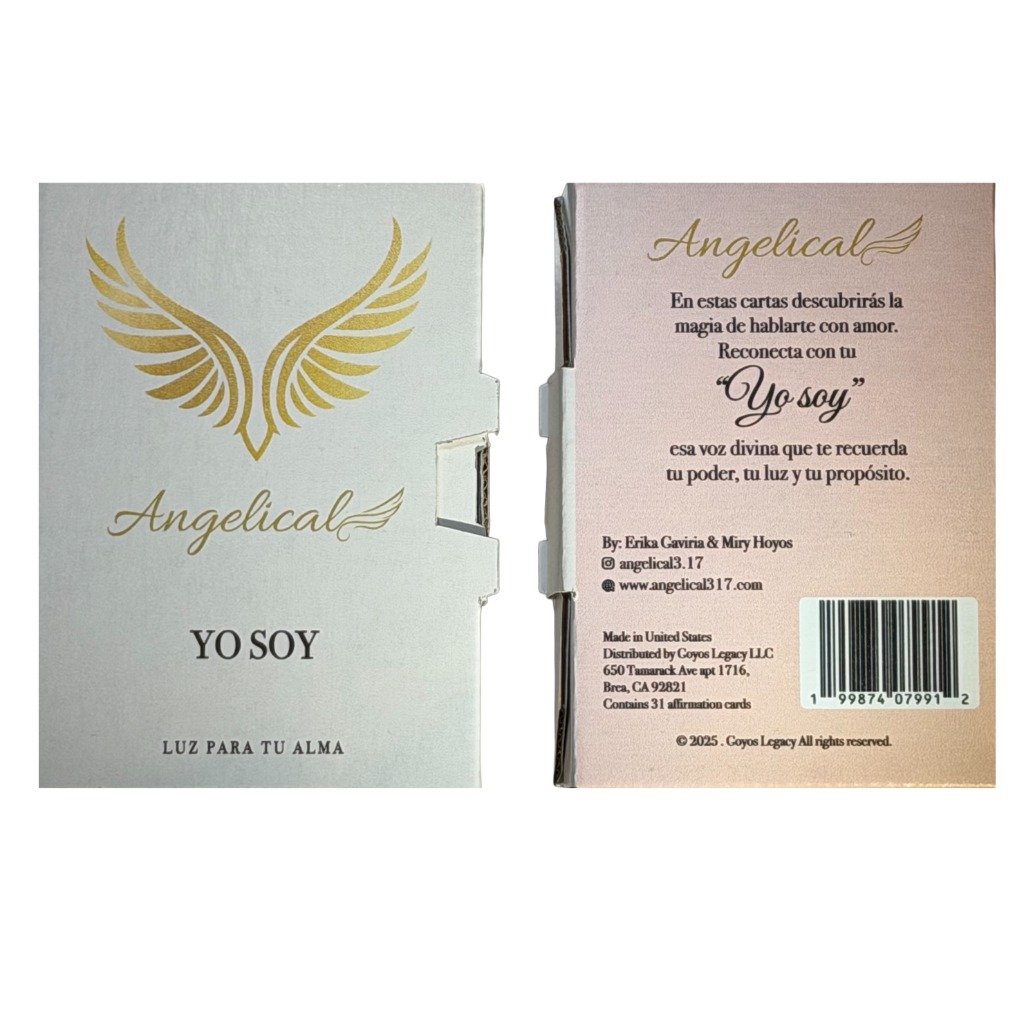 Empaque YO SOY - vista frontal y trasera de la caja Angelical con información del producto