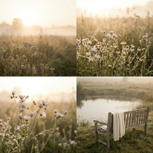 Paisaje natural con flores y luz dorada