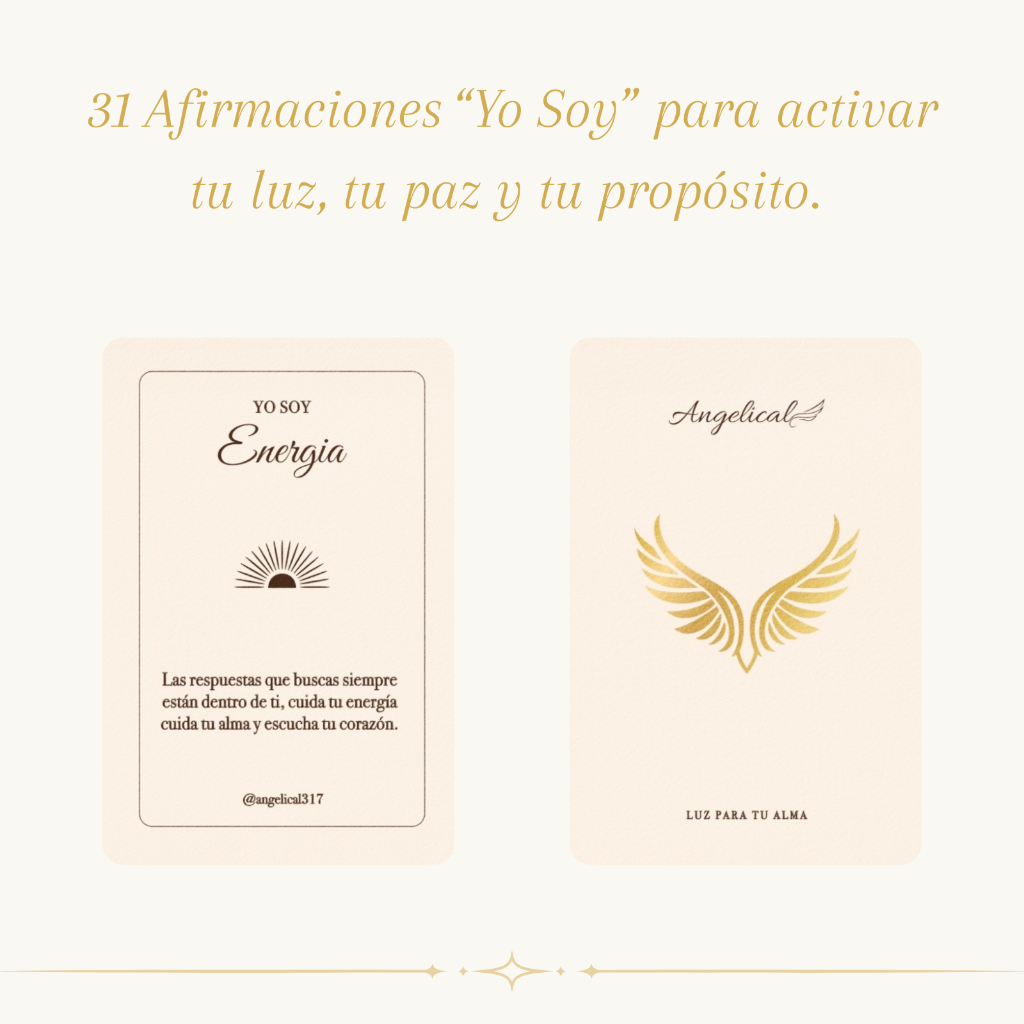 Tarjeta YO SOY Energía - frente y reverso con alas doradas Angelical